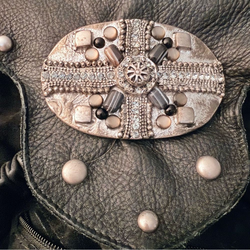 Vintage LEATHEROCK USA Black Pebbled Leather Jewel Studded Rocker Hobo Y2K Biker - Picture 7 of 16
